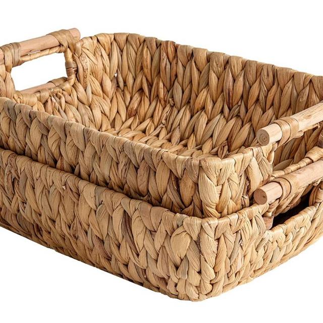 StorageWorks Hand-Woven Large Storage Baskets with Wooden Handles, Water Hyacinth Wicker Baskets for Organizing, 2-Pack