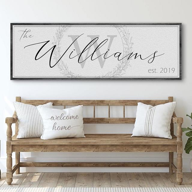 Tailored Canvases Personalized Family Sign - Last Name Signs For Home, Custom Wall Decor Canvas for Living Room, Fireplace, Kitchen, Porch, & Front Door - Monogram on White, Grey Wooden Border, 48"x24"