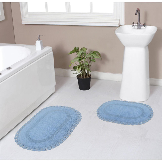 Set of 2 Hampton Crochet Collection Blue Cotton Reversible Tufted Bath Rug Set - Home Weavers