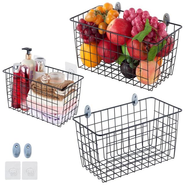 3 Pack【Extra Large】Hanging Kitchen Basket,Wire Storage Basket,with Traceless Tape and High-Strength Nylon Hooks,no Drilling,for Cabinet Storage,Kitchen,Bathroom,Storage Room,large capacity