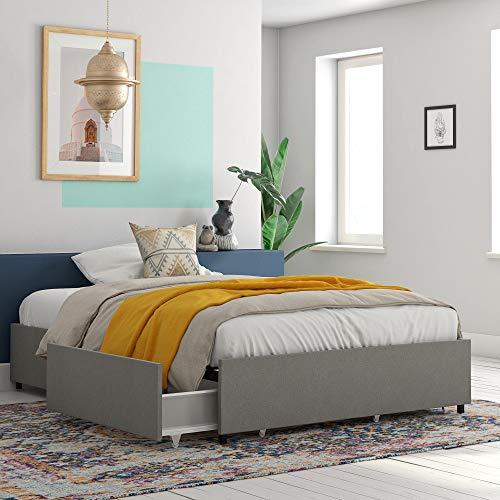 REALROOMS Alden Platform Bed with Storage Drawers, Queen Size Frame, Gray Linen