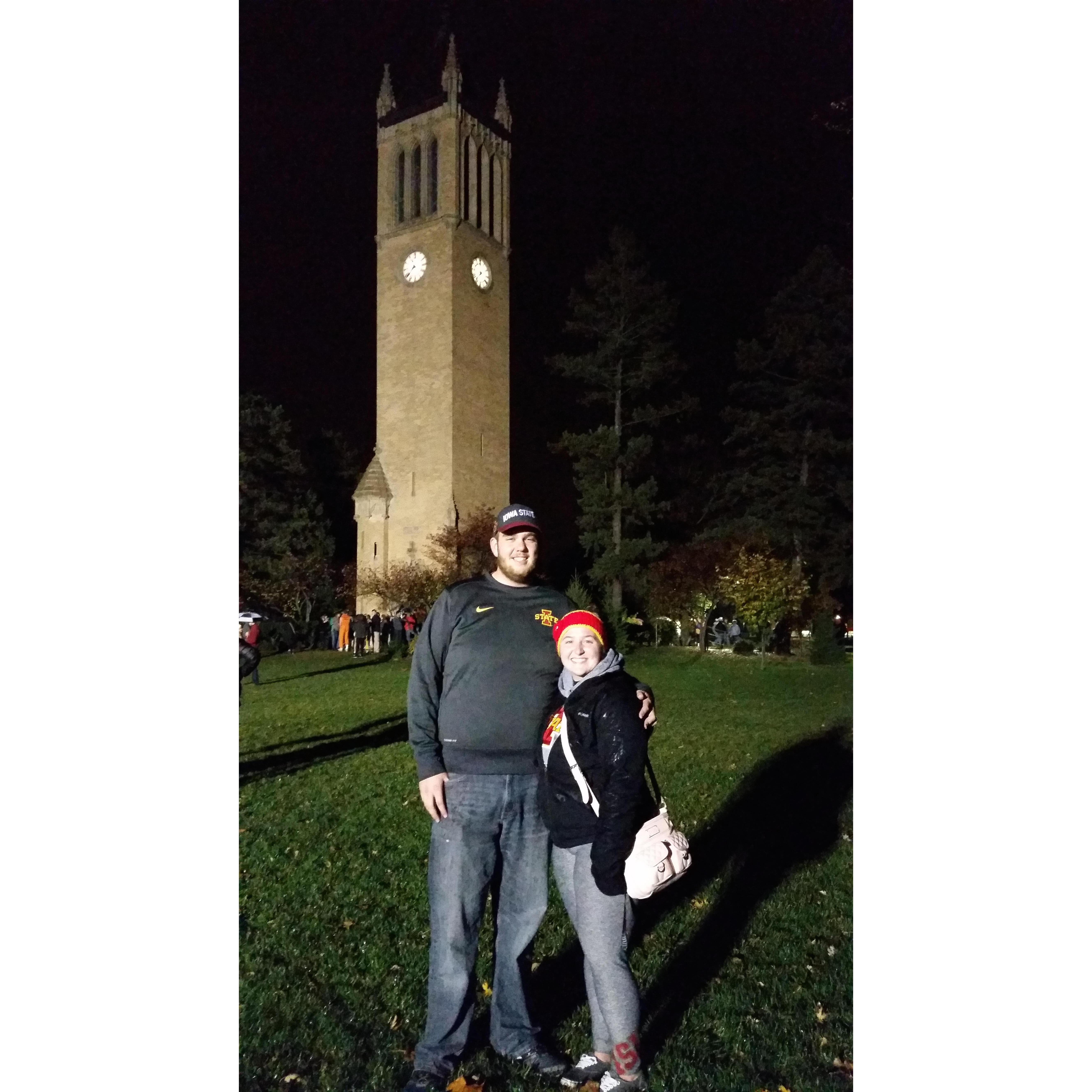 This picture was taken the night before the ISU Homecoming Game, we were at Mass Campaniling! It's tradition at Iowa State to kiss under the Campanile at midnight and then you become an Iowa Stater!