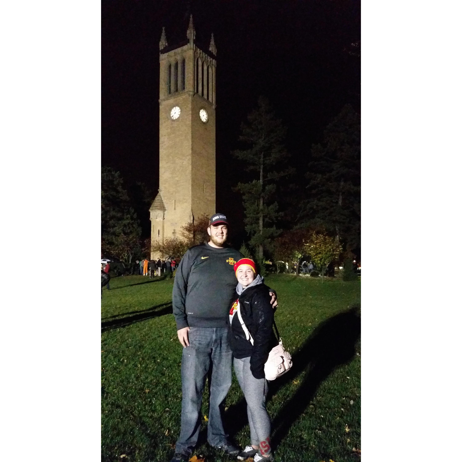 This picture was taken the night before the ISU Homecoming Game, we were at Mass Campaniling! It's tradition at Iowa State to kiss under the Campanile at midnight and then you become an Iowa Stater!