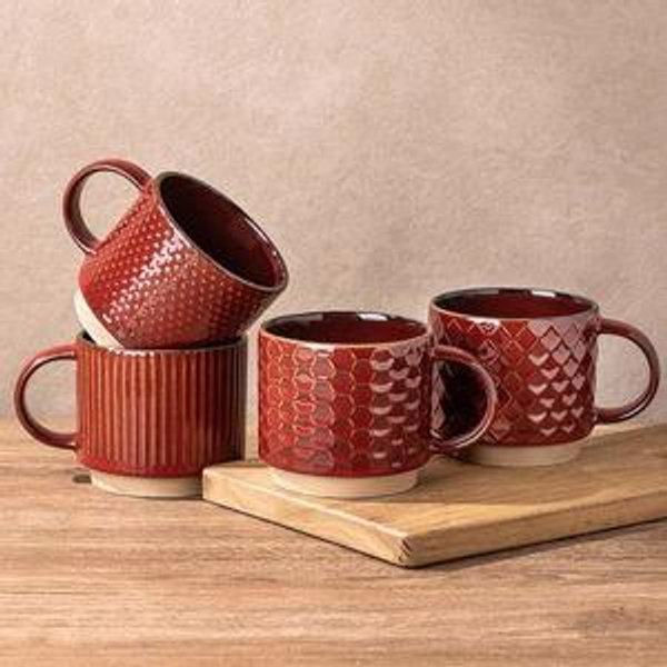GBhome 12 OZ Stackable Coffee Mugs, Ceramic Coffee Mugs with Texture Patterns for Man,Woman,Dad,Mom, Modern Coffee Mugs Set of 4 for Latte/Cappuccino/Cocoa. Dishwasher&Microwave Safe