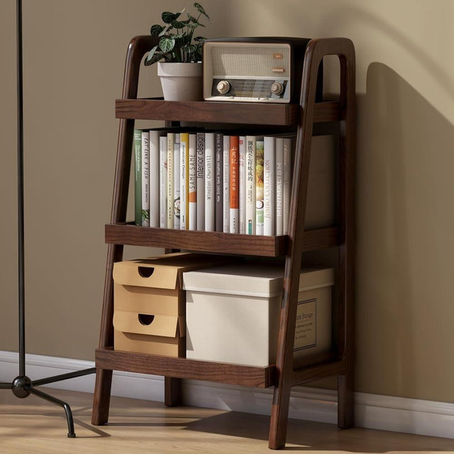 Vadisun 100% Solid Oak 3 Tier Ladder Shelf for Saving Space, Small Bookshelf with Stable Frame, Free Standing Record Player Stand for Living Room Bedroom Couch, (Walnut, 12.6" L x 17.72" W x 31.5" H)