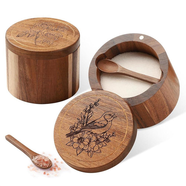 Timtopno Salt Cellar, 2PCS Salt Container Acacia Wood Salt and Pepper Box for Countertop with Built-in Spoon & Swivel Lid, Wood Salt Holder Bowl for Kitchen, Seasoning Storage (Rose & Bird Engraving)