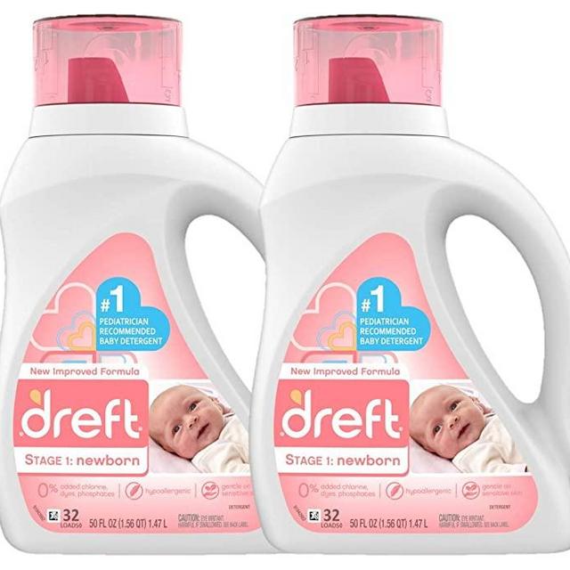 Dreft Stage 1: Newborn Hypoallergenic Liquid Baby Laundry Detergent (HE), Natural for Baby, Newborn, or Infant, 32 Loads (Packaging May Vary), 50 Fl Oz (Pack of 2)