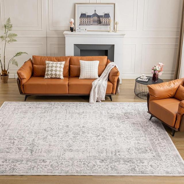 PureCozy Grey Area Rug 6x9 Indoor Vintage Living Room Carpet Washable Distressed Rug Gray Floral Bedroom Rug Retro Accent Throw Rug for Office Dining Room Nursery