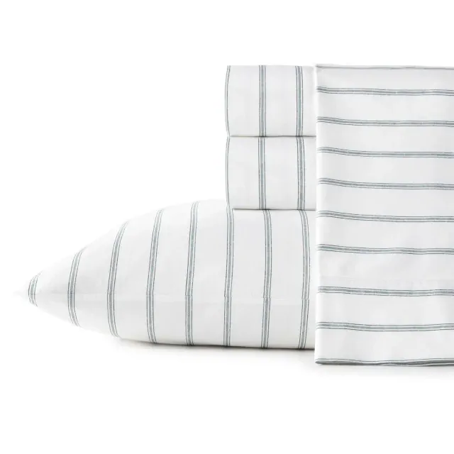 Twin Printed Pattern Percale Cotton Sheet Set Green Stripe - Stone Cottage