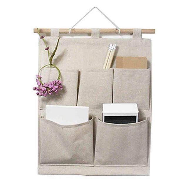 KINGREE Over The Door Magazine Storage Pockets, Wall Door Closet Hanging Storage Bag Organizer, (5 Pockets-Nature)