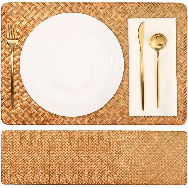 12 Pieces Natural Woven Placemats Rectangular Ratten Table Mats,17 x 12 Inch Seagrass Placemats for Dining Table Home Kitchen Picnic Table Decor