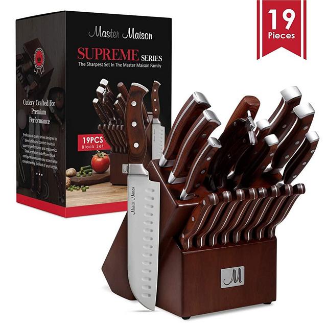 19-Piece Premium Kitchen Knife Set With Wooden Block | Master Maison German Stainless Steel Cutlery With Knife Sharpener & 8 Steak Knives