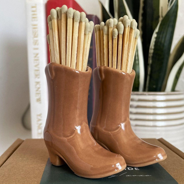 Set of 2 Brown Cowboy Boot Match Holders for Decorative Matches Cowboy Match Holder with Striker Match Holder Matches Not Included