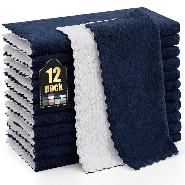 Homaxy 12 Pack Kitchen Cloths Dish Towels (10" x 10", Navy Blue & White), Super Soft and Absorbent Dish Cloths, Coral Velvet Microfiber Cleaning Cloth, Nonstick Oil Fast Dry Dishcloths