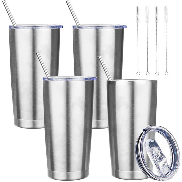 YEBTS Life 20 oz Tumbler with Lids and Straws, Stainless Steel Insulated Travel Coffee Mug, Double Wall Vacuum Insulated Tumblers, Powder Coated Coffee Tumbler for Cold & Hot Drinks (Silver, 4pack)