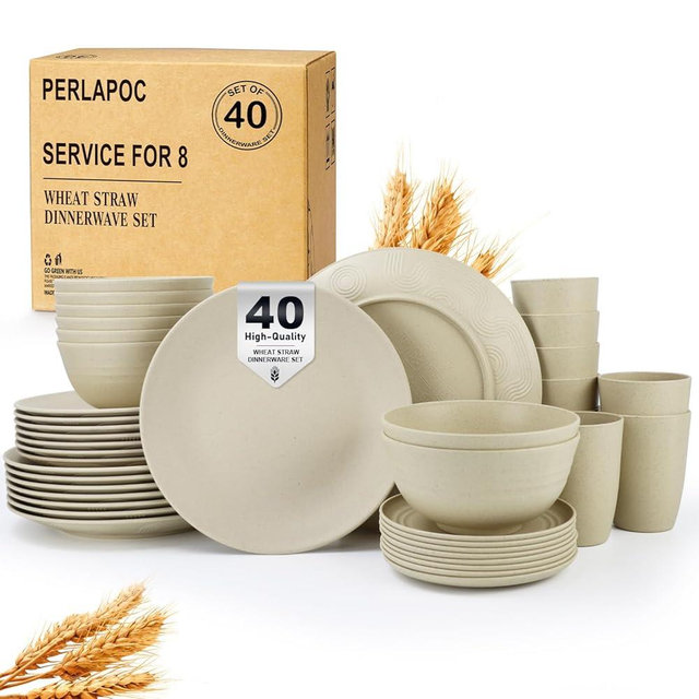 Perlapoc Dinnerware Sets 40 PCS Wheat Straw Plates and Bowls Sets With Cups Service for 8 Microwave Safe Dishes for Kitchen Lightweight Dish Set for RV Outdoor Activities Travel - Beige Colors