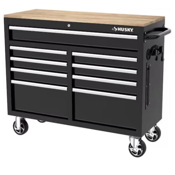 Husky Tool Storage 46 in. W x 18 in. D 9-Drawer Mobile Workbench Cabinet in Gloss Black