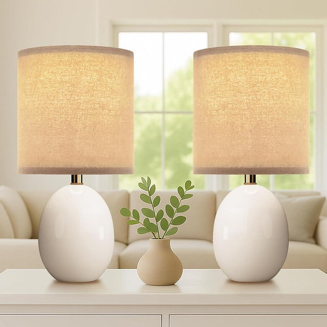 Dawnwake 17.3" Table Lamp Set of 2 for Living Room Bedroom, Bedside Lamps for Night Stands, Desk Nightstand Lamp Dimmable, Modern Linen White Ceramic Lamps (White)