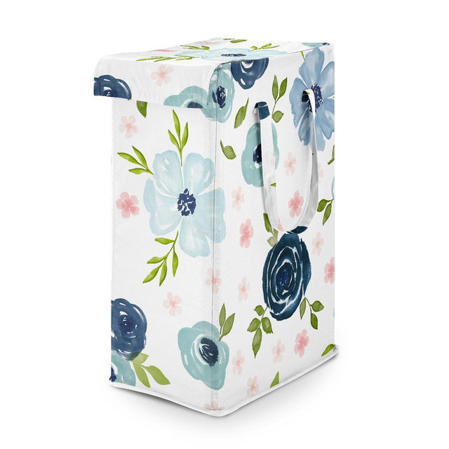 Sweet Jojo Designs Girl Foldable Laundry Hamper with Handles Watercolor Floral Navy Blue And Pink