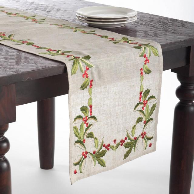 16"x90" Embroidered Holly Design Table Runner Natural - Saro Lifestyle