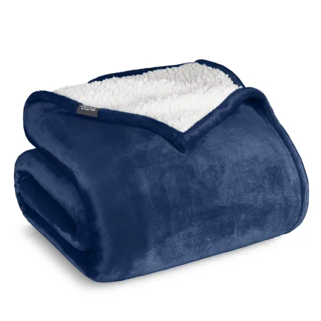 Dark Blue Throw/Travel Size Faux Shearling Fleece Blanket by Bare Home