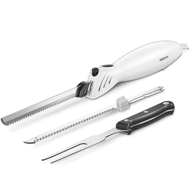 Reemix Electric Knife, Z3042 Electric Knife Set for Carving Meats, Poultry, Bread, Crafting Foam & More, 2 Blades for Meats & Bread, Fork Included (White)