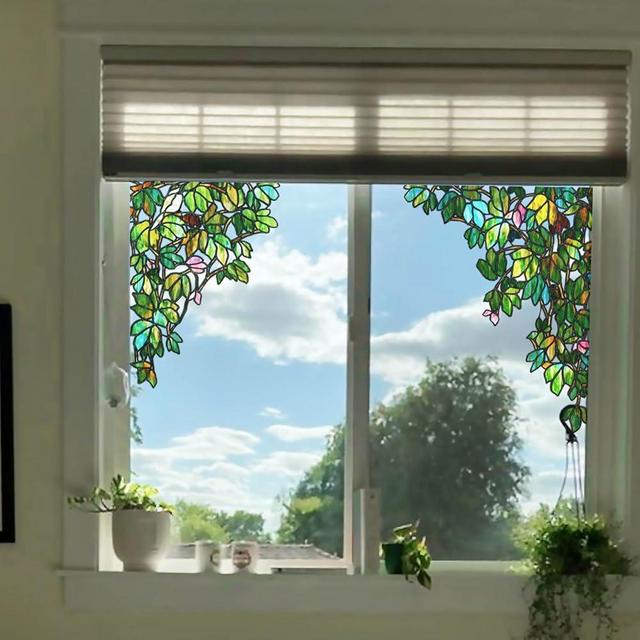 ChicSkin Original Hand Drawn Faux Stained Glass Window Hanging Cling, Green Stained Glass Window Film Decorative Leaves Bird Cling, Green Vine Bird Window Stickers 15.75"X22.04"