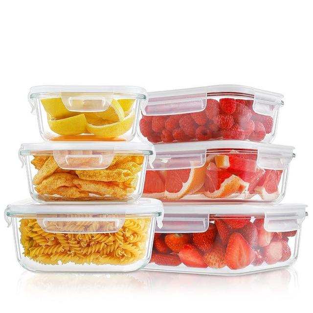 HOMBERKING Large Food Storage Containers with Lids, [12 Piece] Glass Meal Prep Containers, Airtight Glass Bento Boxes, BPA Free & Leak Proof (6lids & 6Containers)(Square & Rectangle)