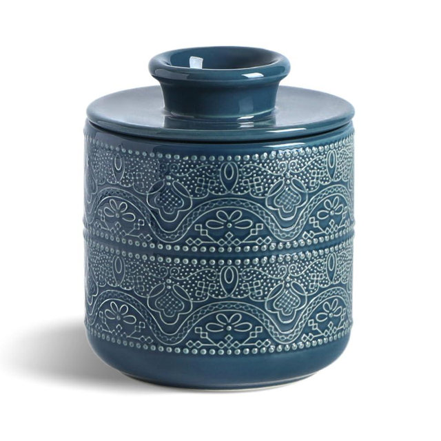 Butter Crock, Ceramic Butter Keeper & Dish with Lid - Keeps Butter Soft and Spreadable Fresh for Countertop, Christmas Gift for Home Kitchen (Blue, One Size)