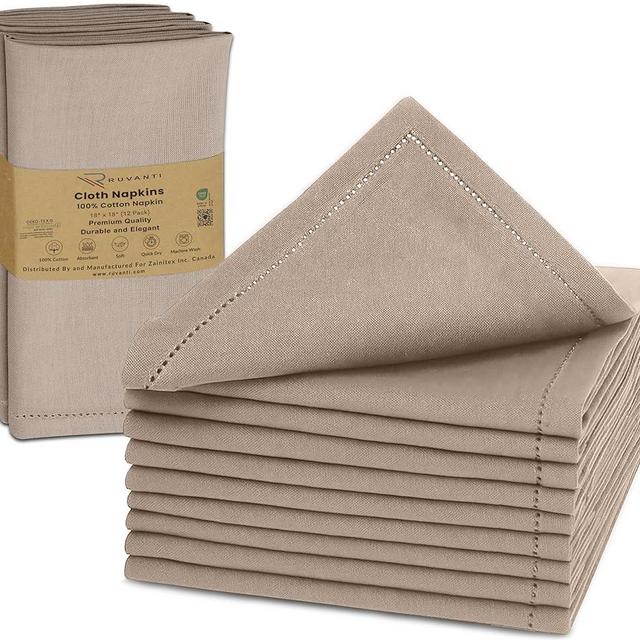 Ruvanti Cloth Napkins - 100% Cotton Dinner Napkins, Hem Stitched Corners, 18x18 Inch, 12 Pack - Soft, Absorbent, Durable, Reusable, Wrinkle Resistant for Formal Dining & Everyday Use - Light Taupe