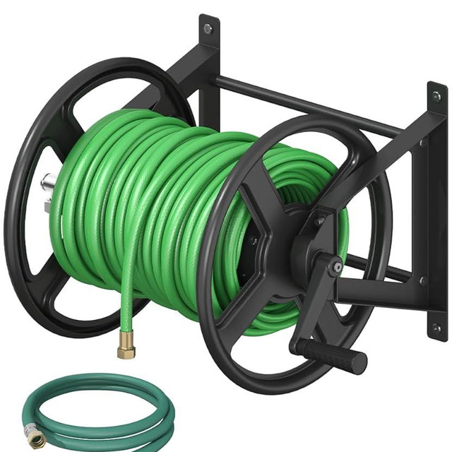 Ansionsol Garden Hose Reel Wall Mounted, Heavy-Duty Water Hose Holder Winder with 3.9 ft Leader Hose & Brass Fitting, Hose Hanger Storage Rack Holds 125-Feet of, 5/8-Inch, for Yard Lawn Farm, Black
