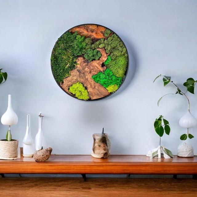 Evergreen Oasis Preserved Moss Wall Art, Wood Wall Decor Metal Frame, Unique Rustic Wall Hanging For Home Decor for Living Room, Bedroom, Office, Round, 12x12 (1 Piece)