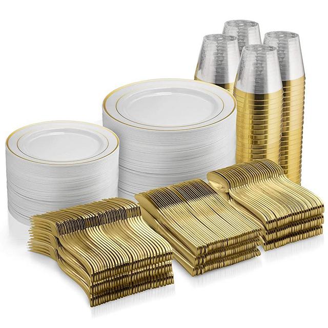 600 Piece Gold Dinnerware Set - 100 Gold Rim 10 inch Plastic Plates 100 Gold Rim 7 Inch Plates -300 Gold Plastic Silverware - 100 Gold Plastic Cups - 100 Guest Disposable Gold Dinnerware Set