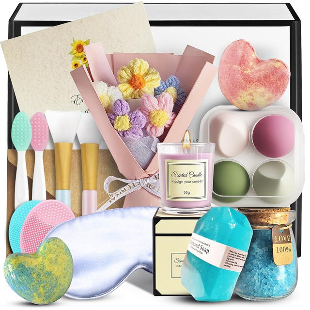 Spa Gifts for Women Self Care Gifts for Women - Relaxing Birthday Gift Basket with 6 Face Scrubbers, 4 Makeup Sponges, Bath Bombs, Eye Mask - Get Well Soon Care Package for Mom Best Friend Sister