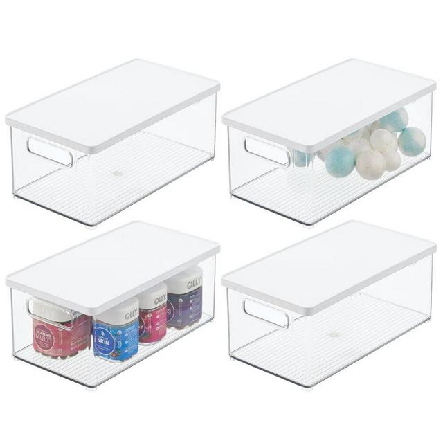 mDesign Plastic Stackable Storage Container Bin Box, Removable Lid, Handles - Bathroom Cabinet Organizer for Toiletries, Makeup, First Aid, Accessories, Soap, Loofahs, Bath Salts, 4 Pack - Clear/White