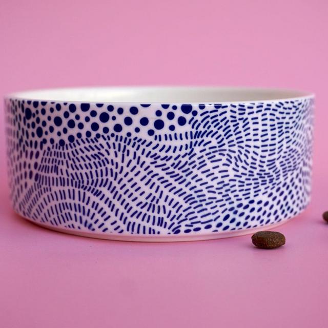 Modern Ceramic Dog Bowl with a Blue Dot Pattern. Cute!
