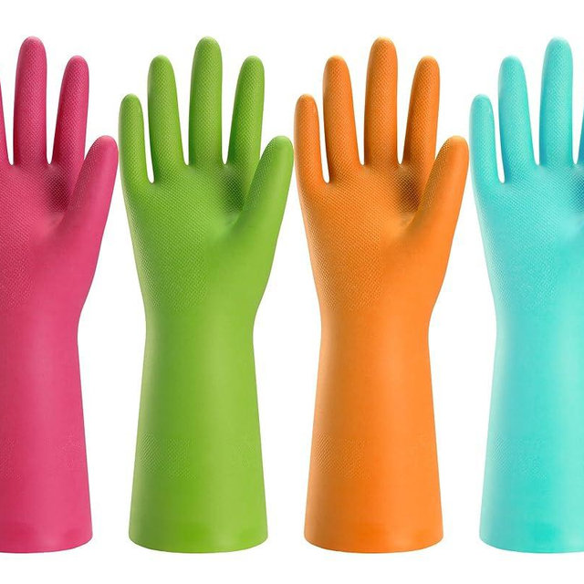 Bamllum Rubber Cleaning Gloves for Kitchen - 4 Pairs Reusable Dishwashing Gloves for Household, Flexible Long-lasting & Waterproof (Medium, Blue+Green+Red+Orange)