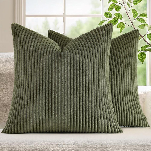 Mecatny Corduroy Decorative Throw Pillow Covers 18x18 Set of 2 for Sofa Living Room, Soft Neutral Boho Couch Pillow Covers for Home Decor, Olive Green