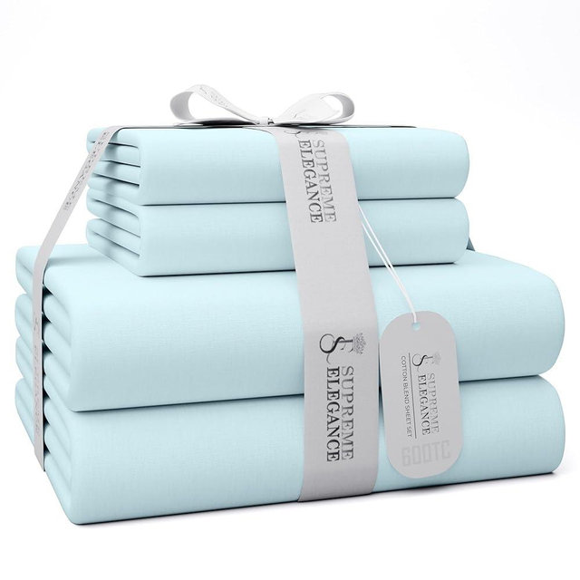 SUPREME ELEGANCE 600 Thread Count King Bed Sheets Sky Blue, Cotton Rich Sateen Weave Easy Care Bed Sheet, Ultra Soft & Silky Durable Deep Pocket Sheets (1 Flat Sheet, 1 Fitted Sheet & 2 Pillowcases)