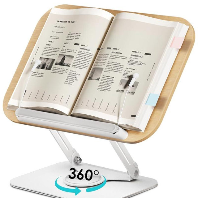 Viozon Book Stand for Reading,Book Holder, Height&Angle Adjustable, 360° Rotating Base, Foldable and Portable, Lightweight for Office, Kitchen, School Textbook, Recipe, Magazine,Kindle,Tablet LW