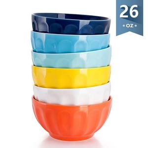 Sweese 1109 Porcelain Fluted Bowl Set - 26 OZ Deep and Microwavable for Cereal, Soup - Set of 6, Assorted Colors