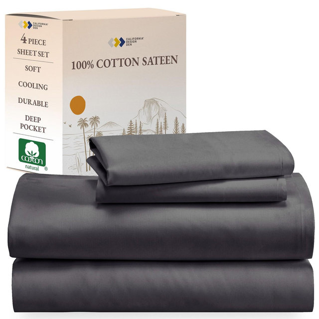 Soft 100% Cotton Sheets Set - Cooling Durable Sateen, Deep Pocket - by California Design Den - Charcoal Gray, King