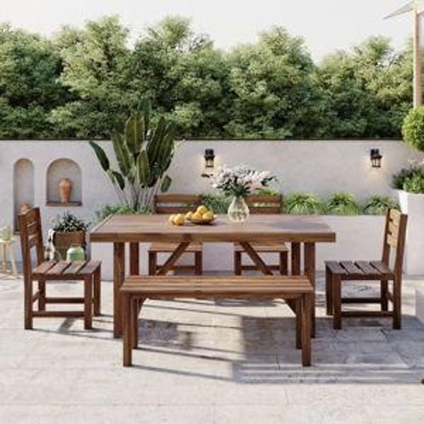 Harper & Bright Designs Patio Outdoor Acacia Wood Dining Set for 6, 6 Pieces All Weather Farmhouse Dining Furniture Table Set with Bench and 4 Chair for Outdoor Garden Porch, Brown