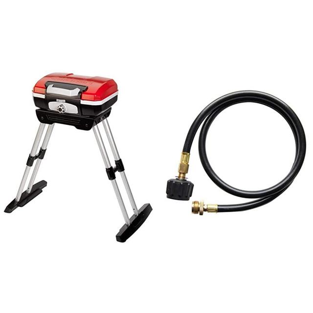 Cuisinart CGG180 CGG-180 Petit Gourmet Gas Grill with VersaStand, Red, 31.5" H x 16.5" W x 16" L & QG-012B LP Adapter Hose, 4-Foot