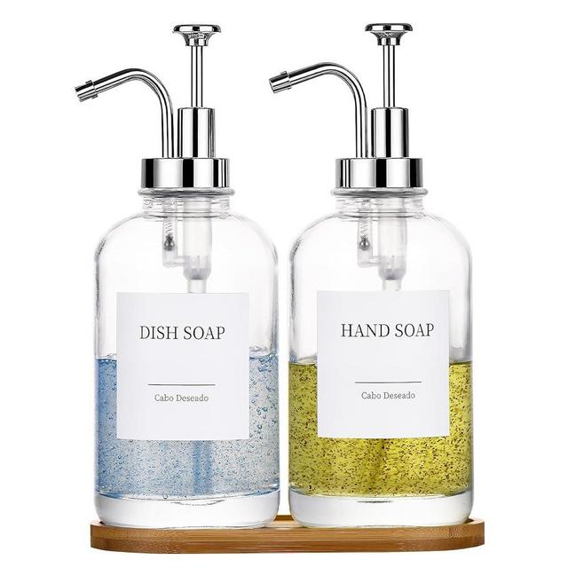 Glass Soap Dispenser with Pump, Dish and Hand Soap Dispenser for Kitchen Bathroom Set, Clear Glass Dispenser Set of 2 Pack with 18 Stickers Funnel Bamboo Tray 500ml 18oz / Each Bottle Sliver Pump