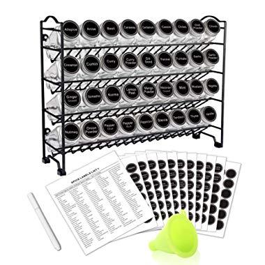 SWOMMOLY Spice Rack with 36 Empty Square Spice Jars, 396 Spice Labels with Chalk Marker and Funnel Complete Set, for Countertop, Cabinet or Wall Mount