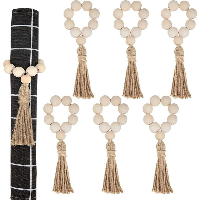 peony man Wood Bead Napkin Rings Natural Wooden Beads Napkin Holders with Tassels Elastic Wooden Napkin Buckles for Christmas Farmhouse Wedding Home Table Decoration, Set of 6 (Natural Color)