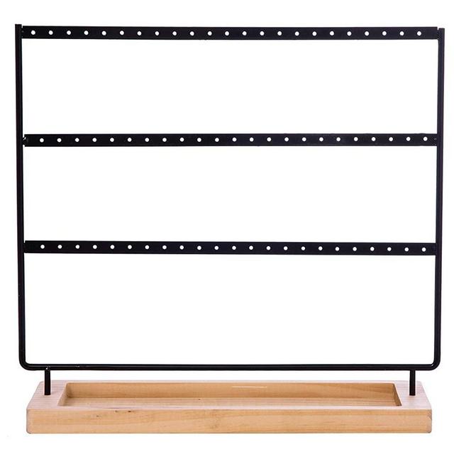 Earring Holder Stand 3-Tier 69 Holes Earring Organizer Stand Display with Wooden Storage Tray Desktop Bracelet Jewelry Holder for Women Black