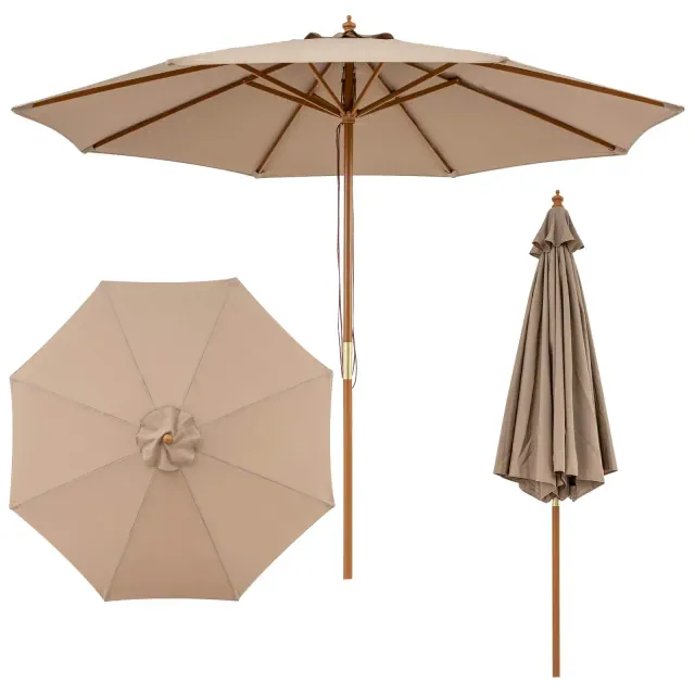 Costway 9 FT Patio Umbrella with Adjustable Height, Rope Pulley Lift, Vented Top for Beach Khaki Tan