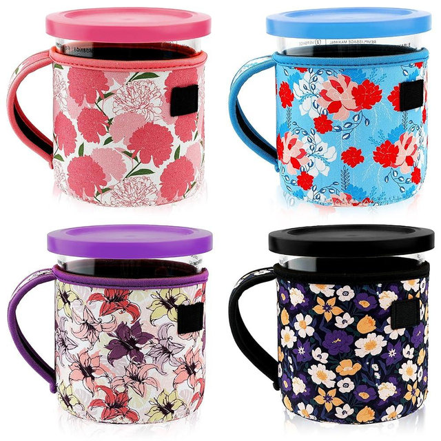4 Pack Reusable Ice Cream Neoprene Sleeves with Handle,Neoprene Insulated Sleeves for Ninja Creami Pints,16oz 24oz Insulated Sleeves for NC301 NC300 NC299AMZ Series. (24oz，cute flower)